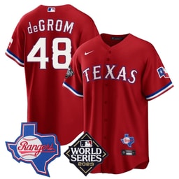 Jacob DeGrom 48 Baseball team 2023 World Series & Texas State Patch Men's Jersey - Red