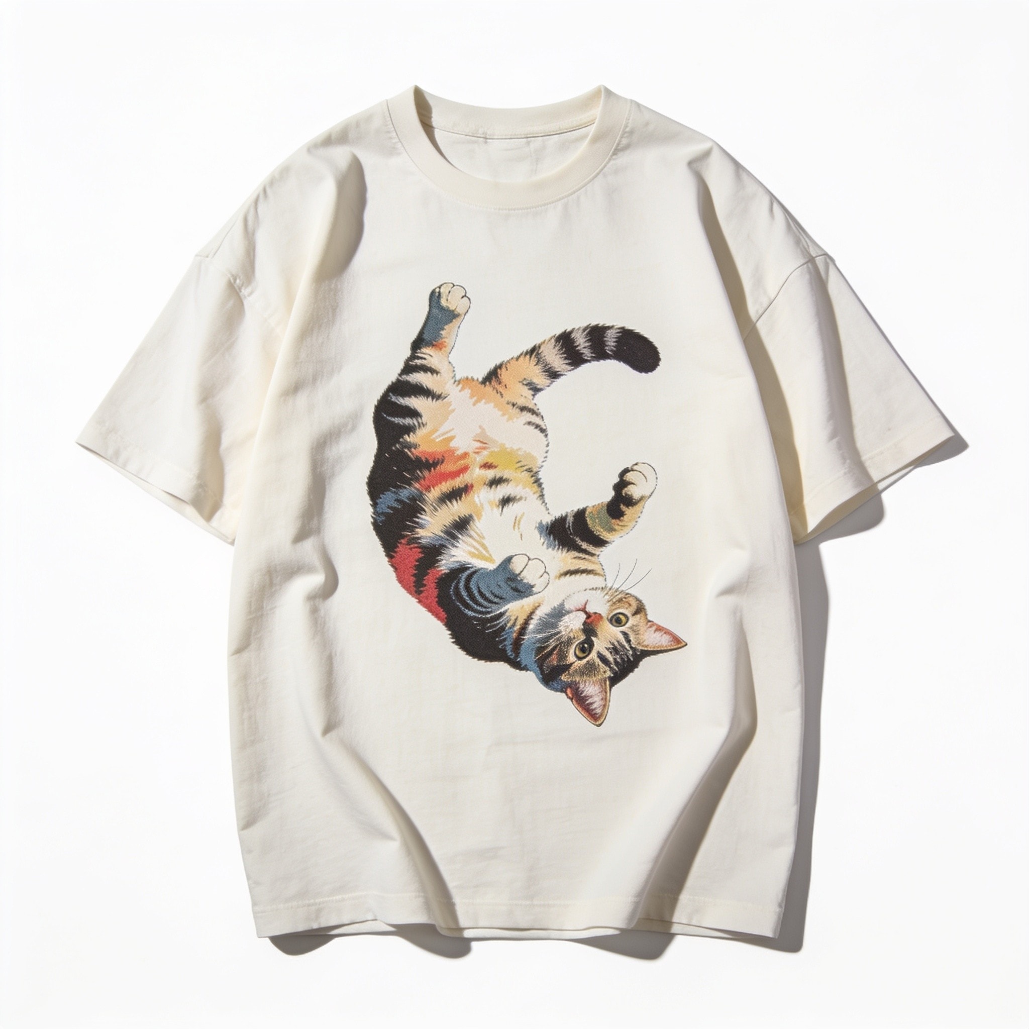Falling Cat Oversized Graphic Tee - Unisex 90s Boxy Fit 100% Combed Cotton