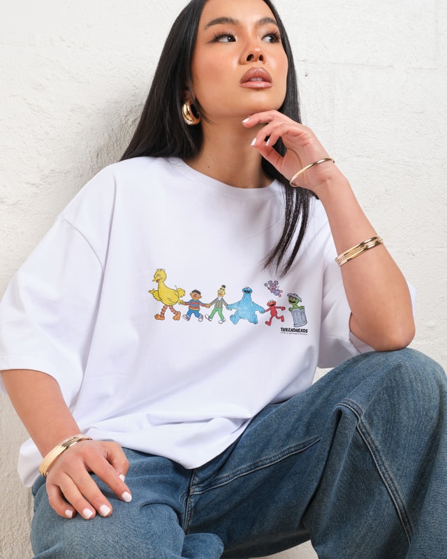 Walk With Me Oversized Sesame Street Graphic Tee - Unisex 90s Boxy Fit Cotton T-Shirt