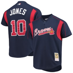 Men's Baseball team Chipper Jones Apparel brand Navy Cooperstown Collection Mesh Batting Practice Button-Up Jersey