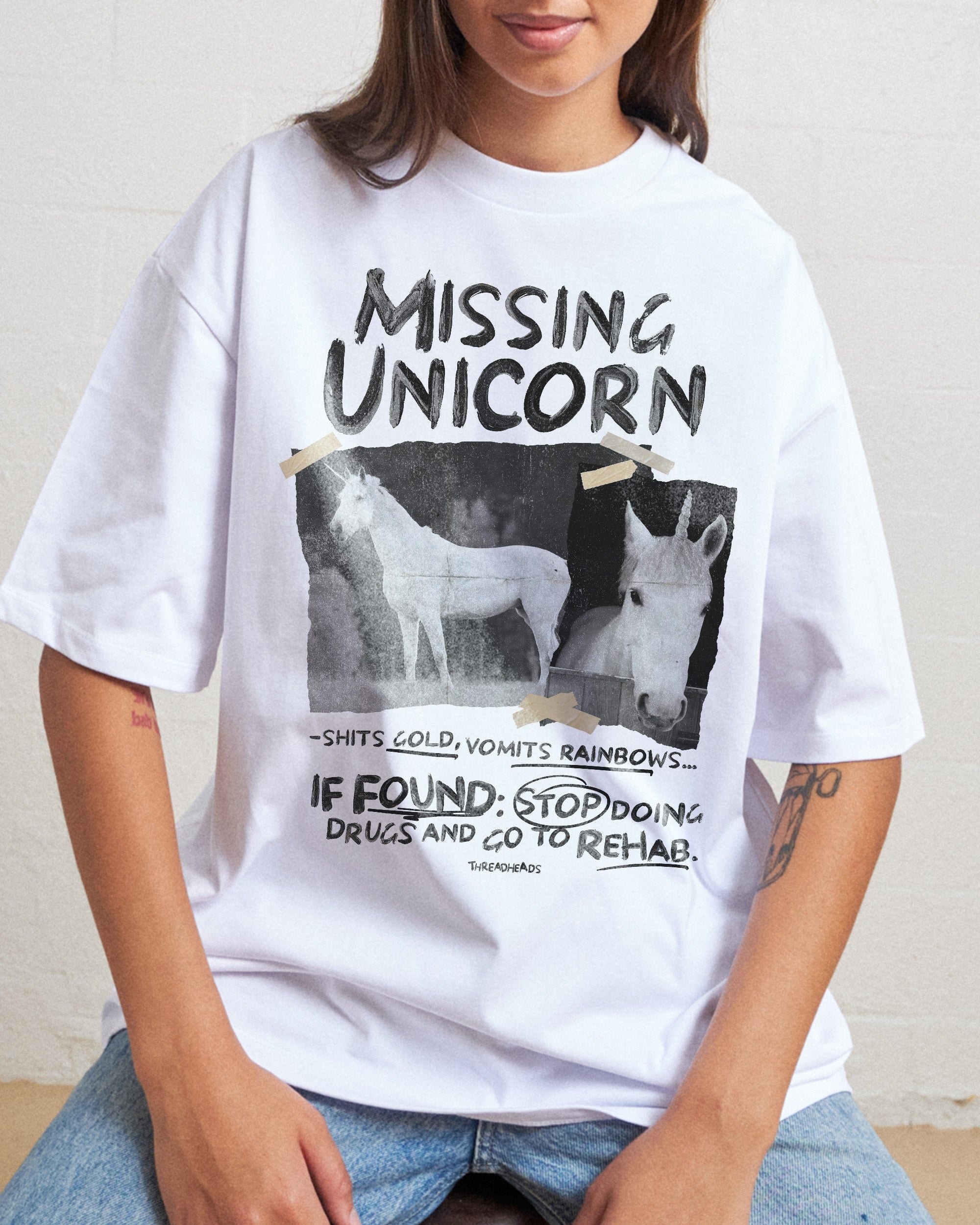 Missing Unicorn Oversized Graphic Tee - Unisex 90s Boxy Fit 100% Combed Cotton