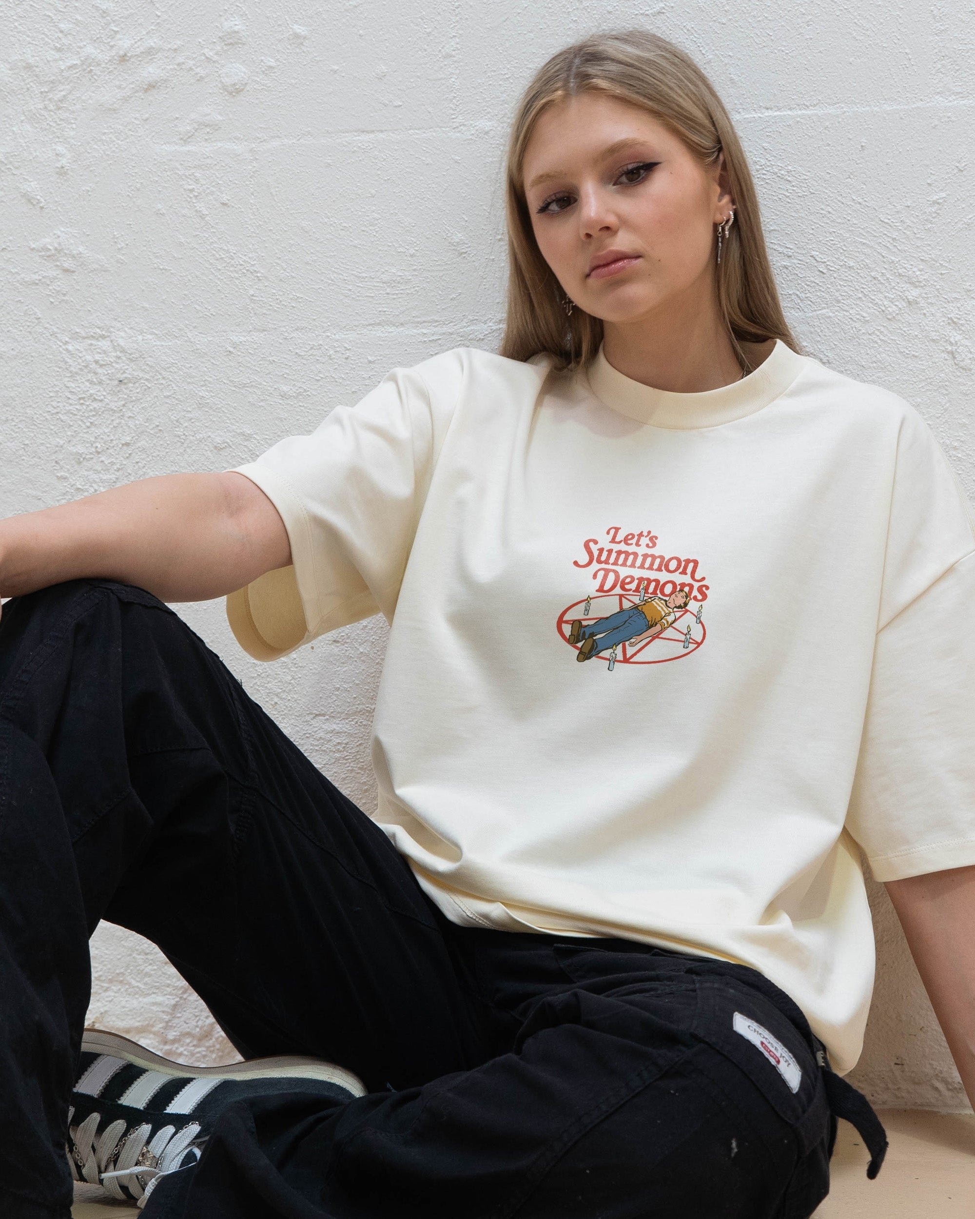 Let's Summon Demons Front and Back Oversized Graphic Tee - Steven Rhodes Unisex Cotton T-Shirt